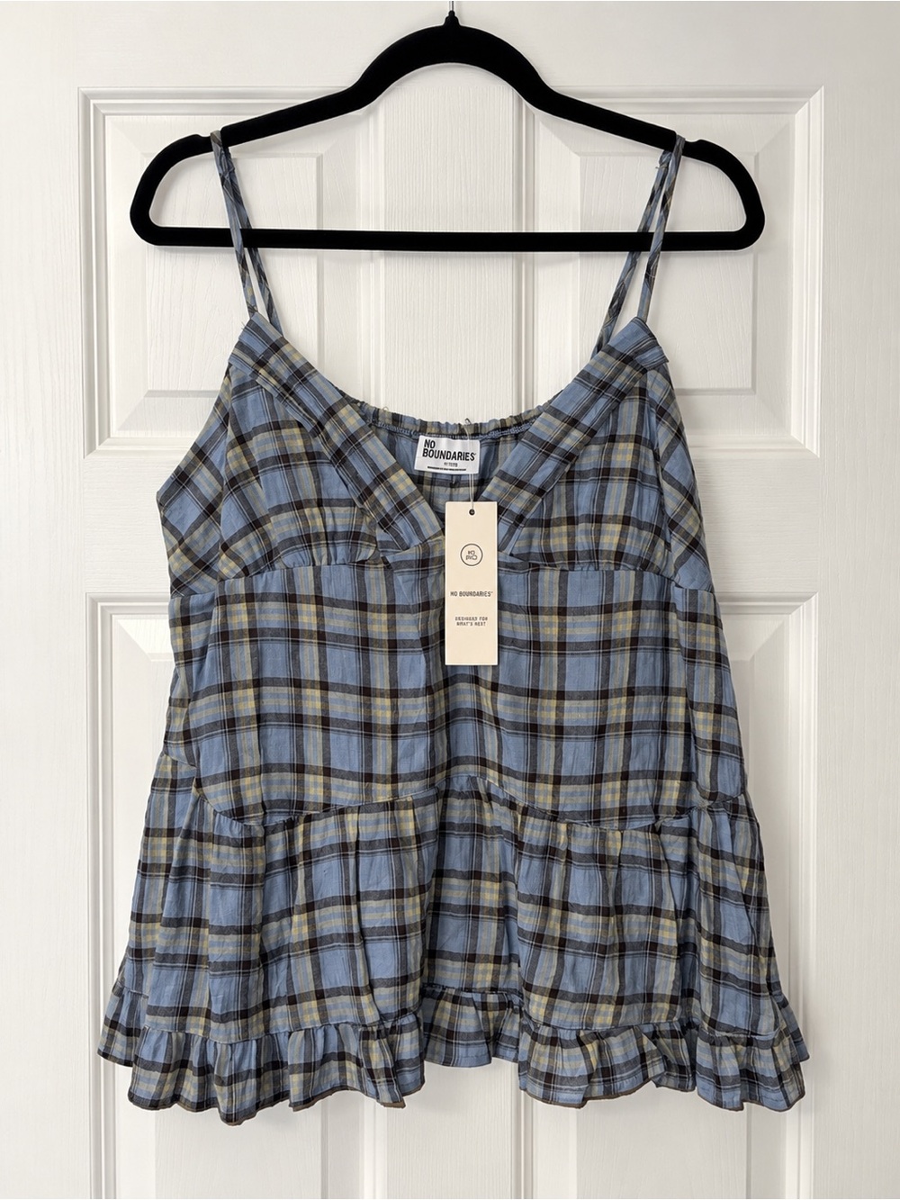 No Boundaries Light Blue Plaid Tiered Cami